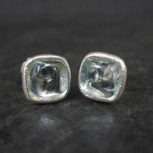 Estate Sterling Carved Blue Art Glass Stud Earrings